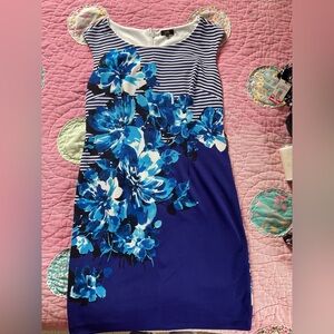 Vibrant Blue Floral Striped Midi Dress